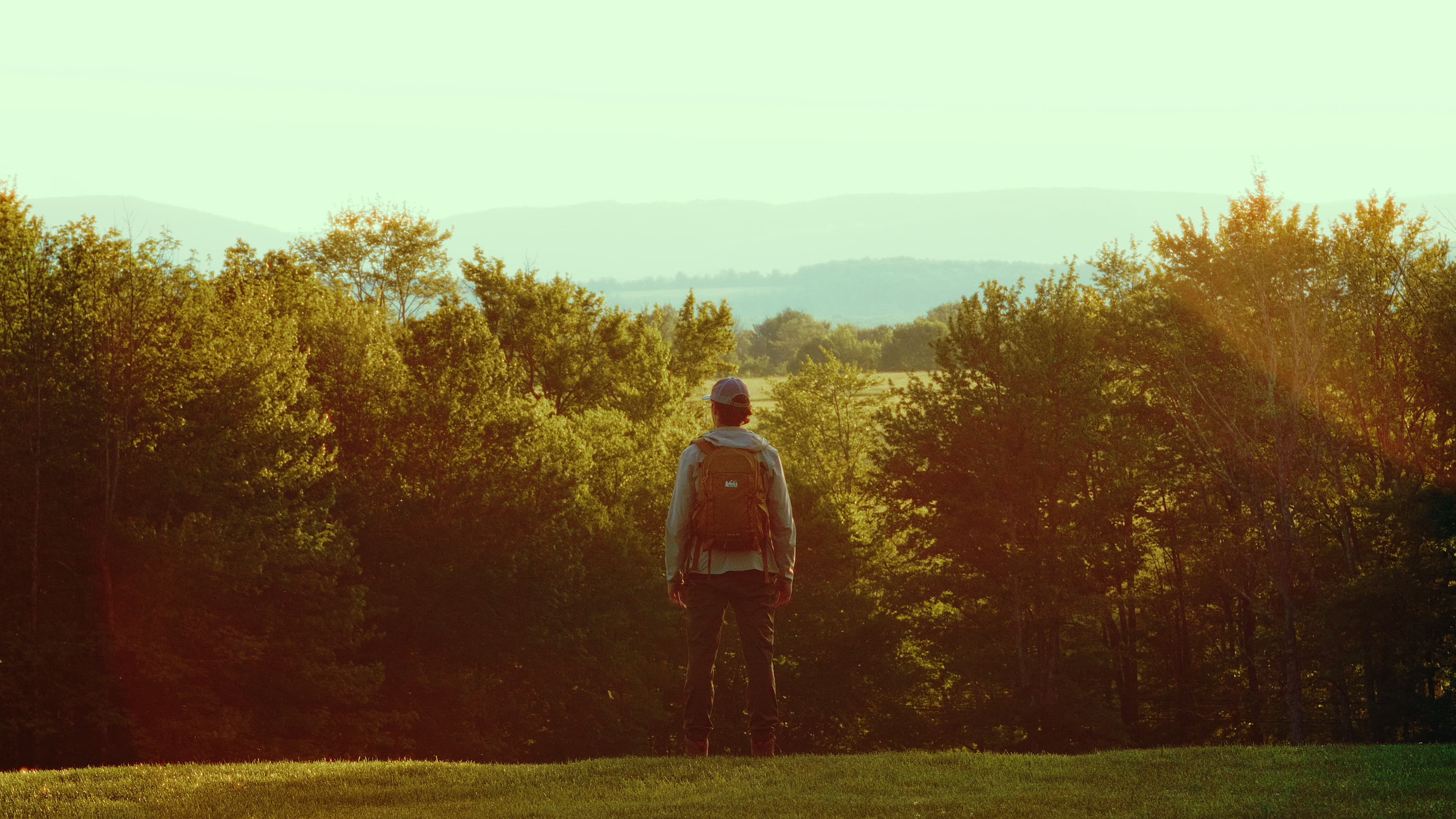 Jake with a backpack looking out across trees and distant hills